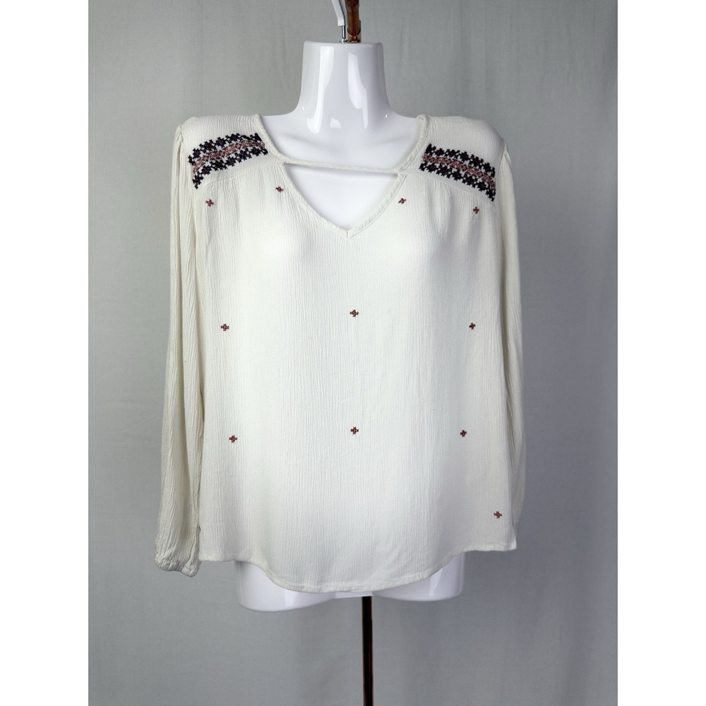 Bobeau Cream Peasant Top With Geometric Accents Size Small